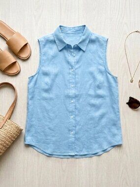Uniqlo Premium Linen Sleeveless Button Down Shirt Med | beach chic | work wear